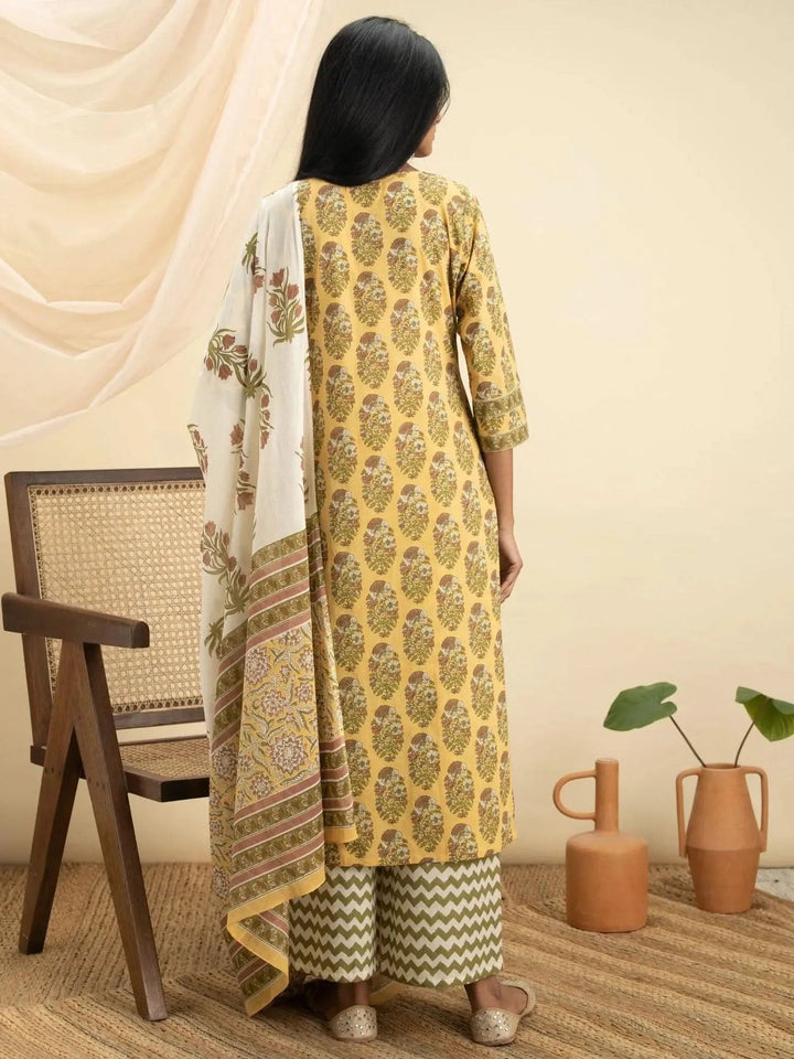 Yellow Printed Cotton Suit Set - Libas