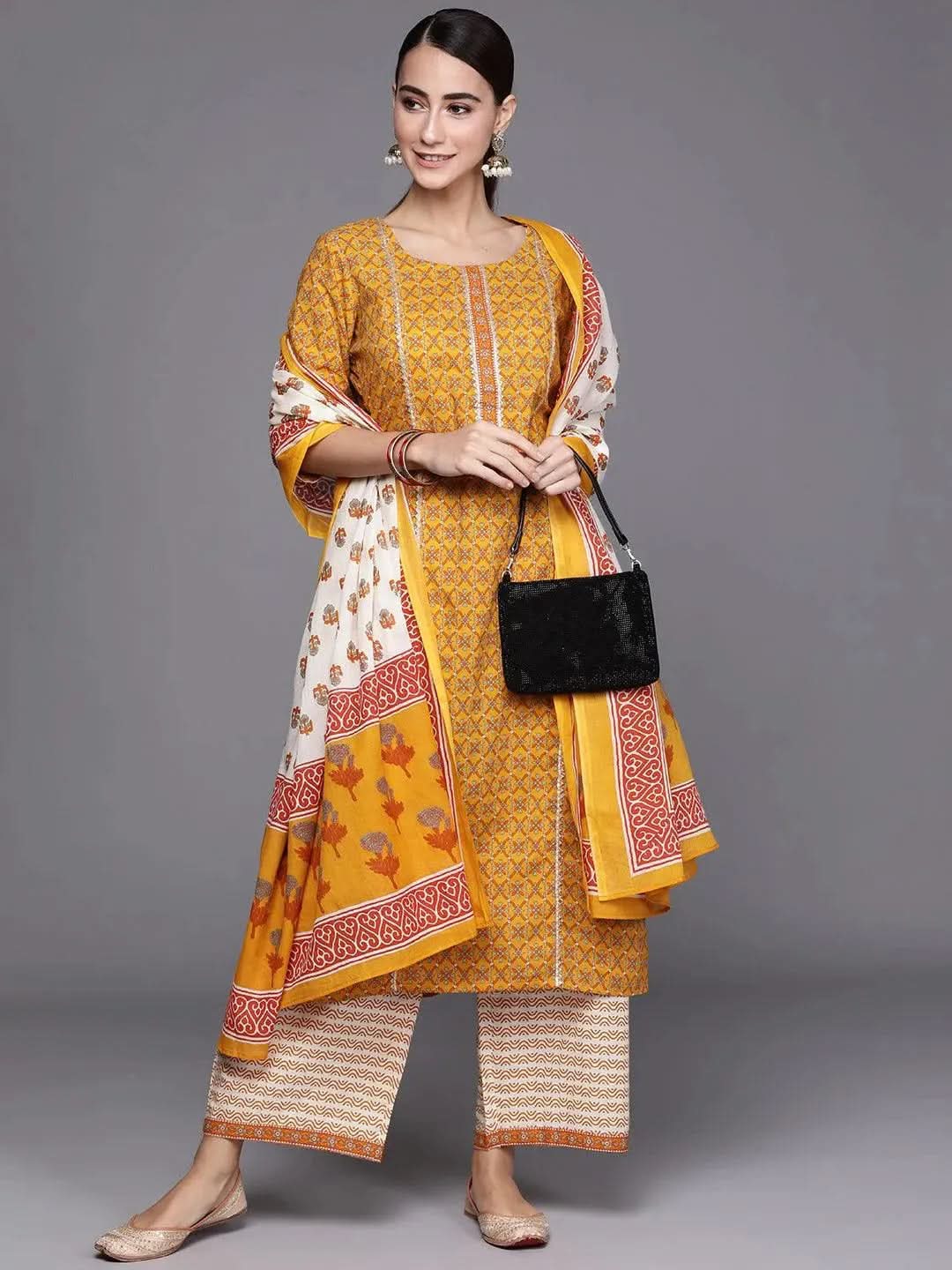 Yellow Printed Cotton Suit Set - Libas
