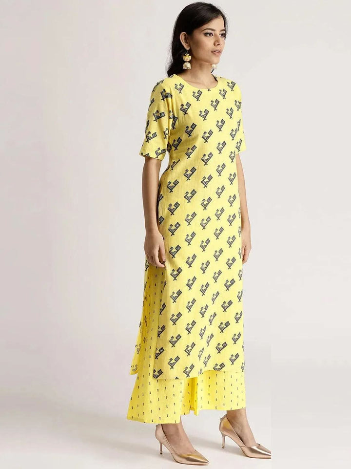 Yellow Printed Cotton Kurta Set - Libas