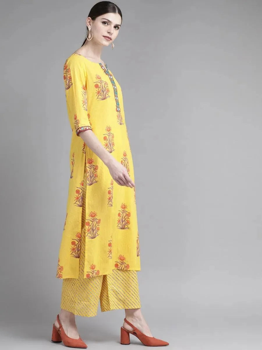 Yellow Printed Cotton Straight Kurta With Palazzos
Yellow Printed Cotton Straight Kurta With Palazzos