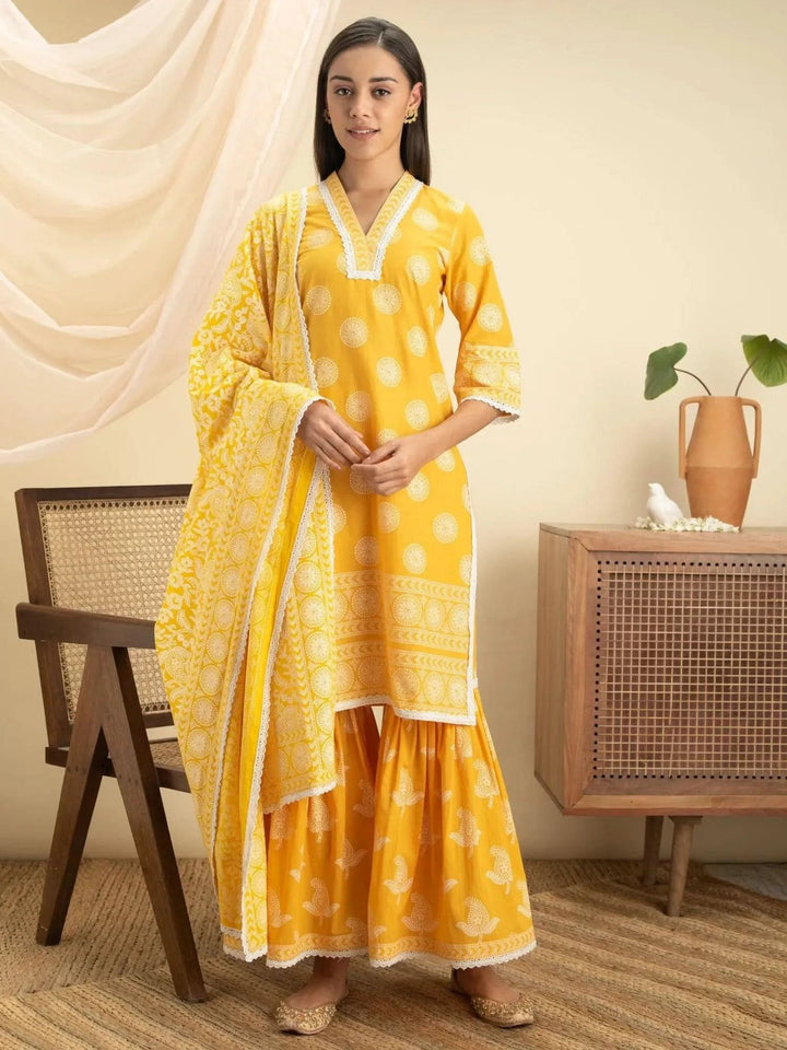 Yellow Printed Cotton Suit Set - Libas