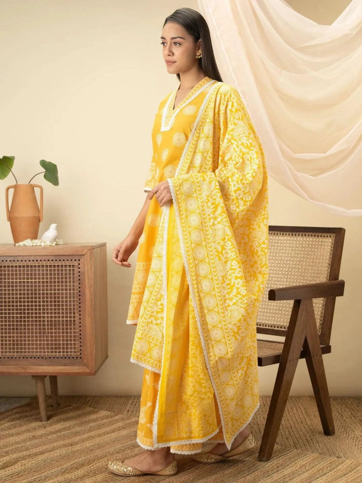 Yellow Printed Cotton Suit Set - Libas