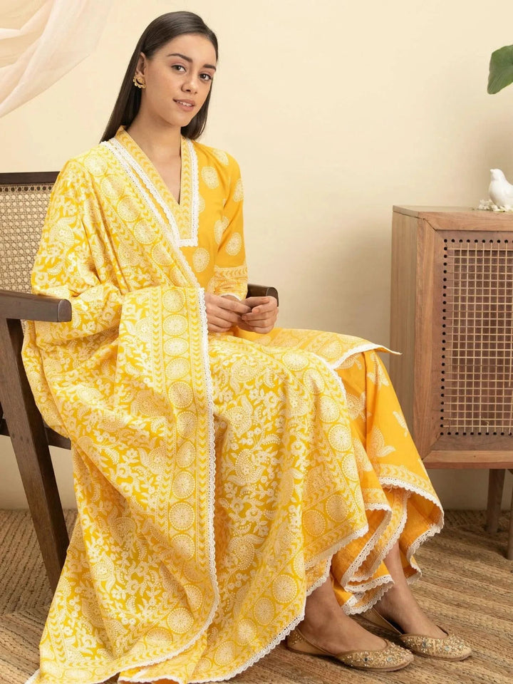 Yellow Printed Cotton Suit Set - Libas