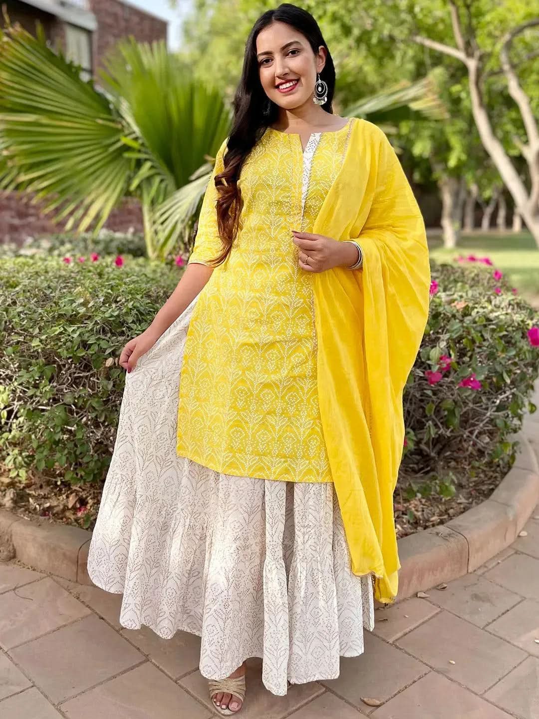 Indian Designer Yellow Long Angrakha Anarkali Kurta Palazzo