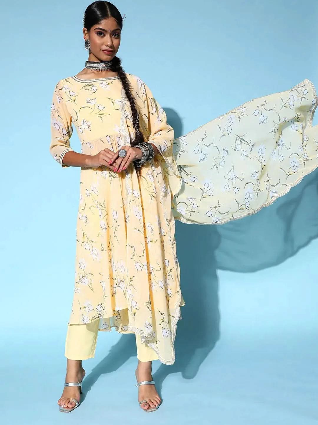 Yellow Printed Georgette Anarkali Sharara Suit Set
Yellow Printed Georgette Anarkali Sharara Suit Set