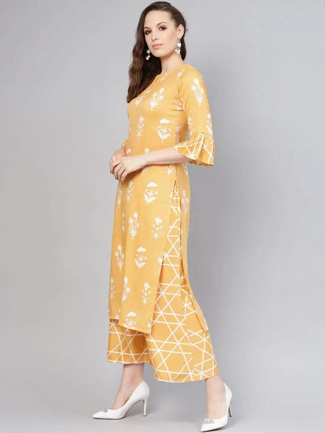 Yellow Printed Linen Kurta Set - Libas