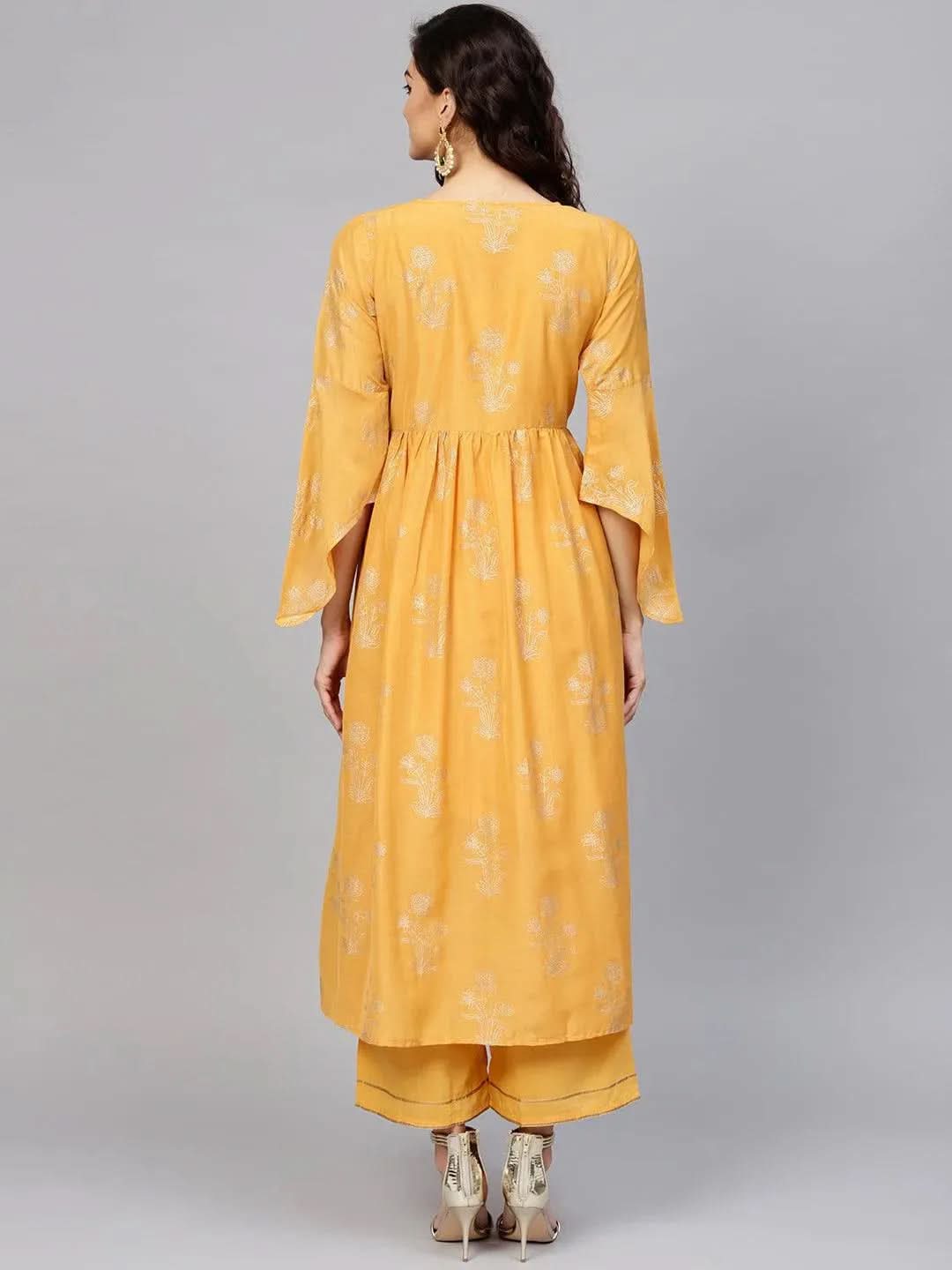 Yellow Printed Muslin Kurta Set - Libas
