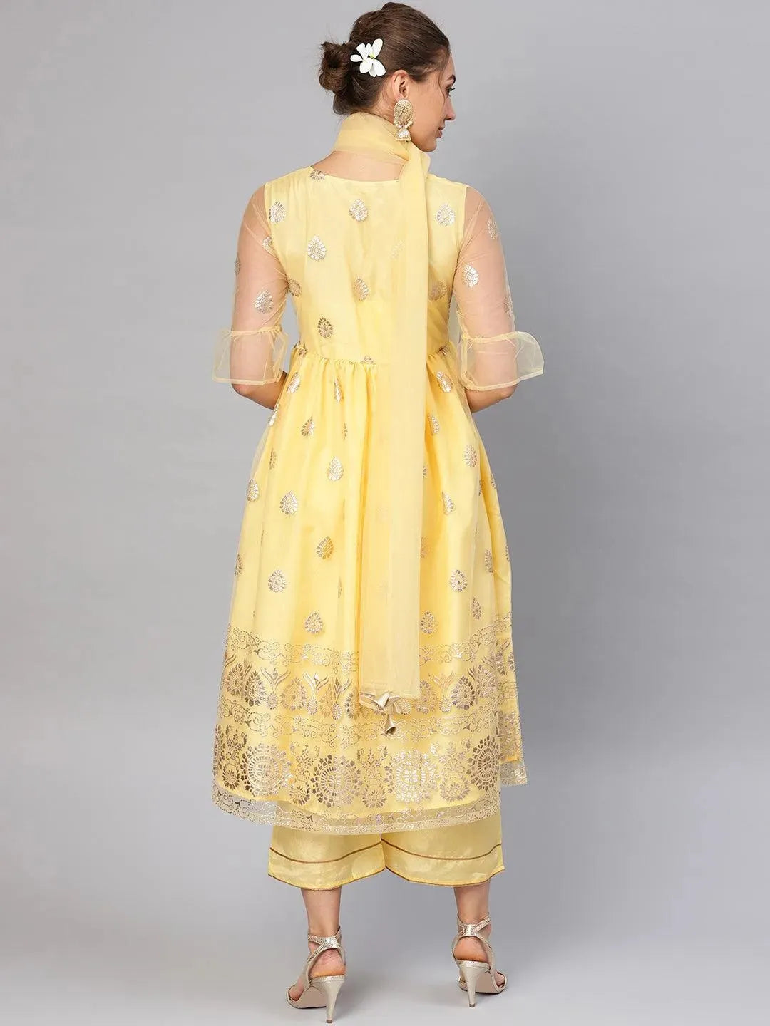 Yellow Printed Net Anarkali Kurta With Palazzos & Stole
Yellow Printed Net Anarkali Kurta With Palazzos & Stole