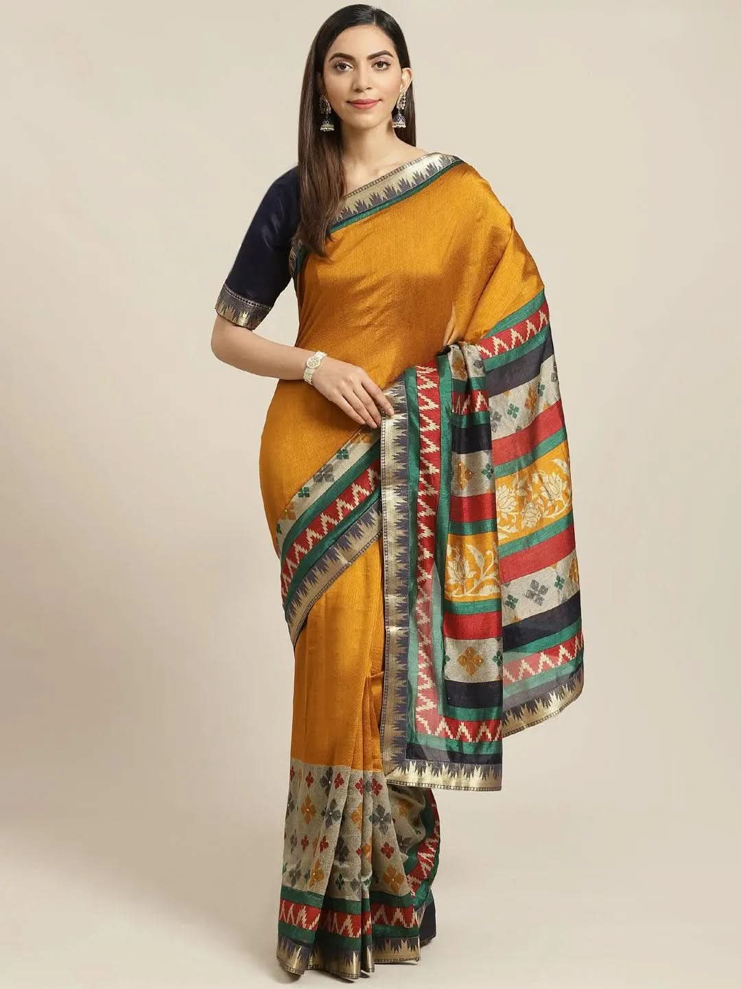 Yellow Printed Polyester Saree - Libas