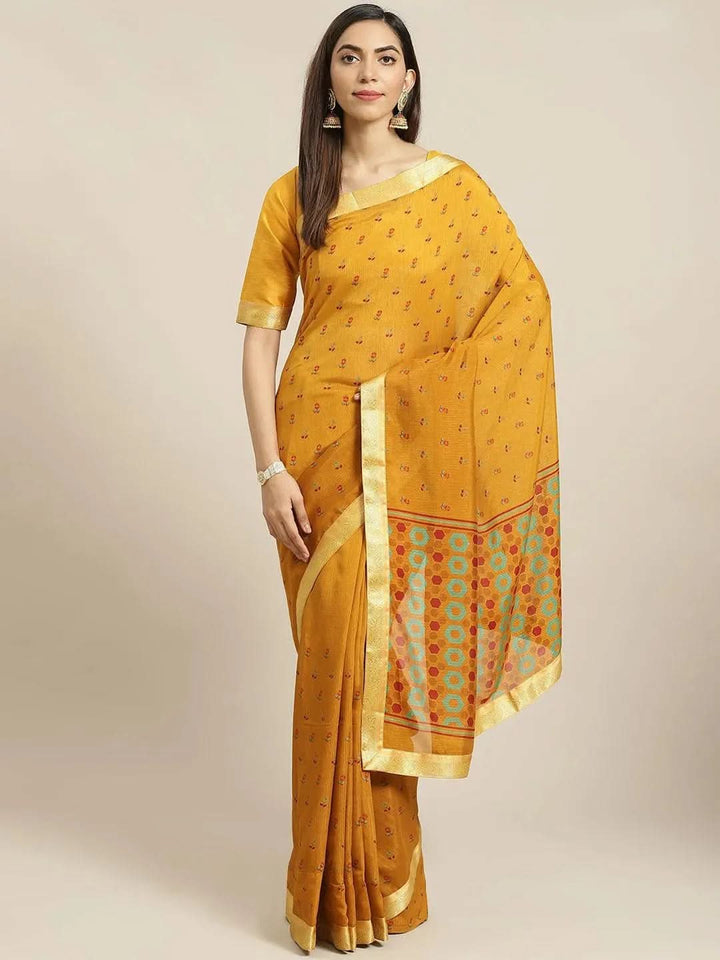Yellow Printed Polyester Saree - Libas