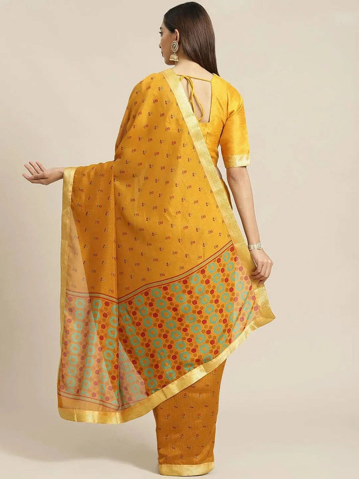 Yellow Printed Polyester Saree - Libas