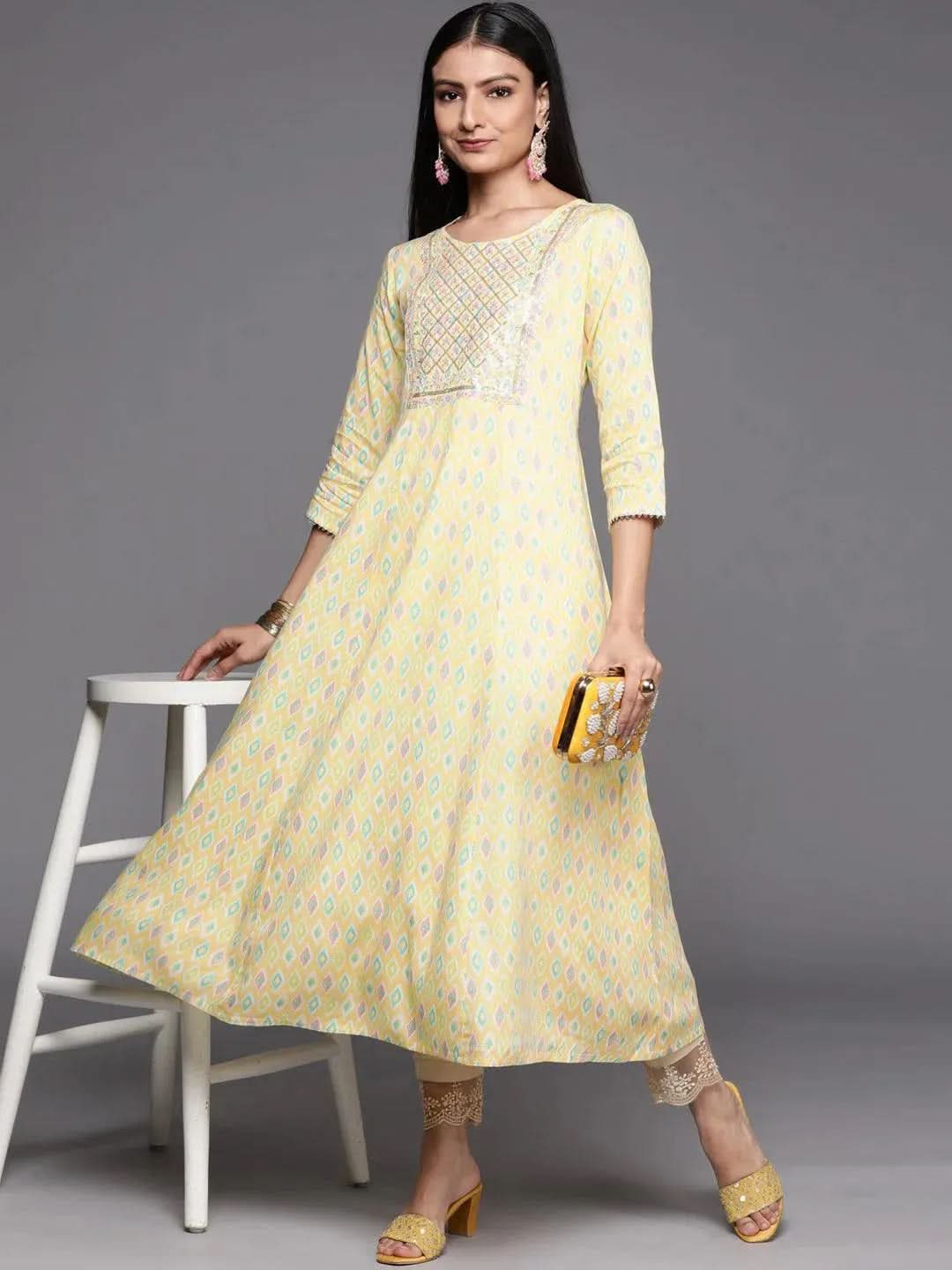 Yellow Printed Rayon A-Line Kurta
Yellow Printed Rayon A-Line Kurta