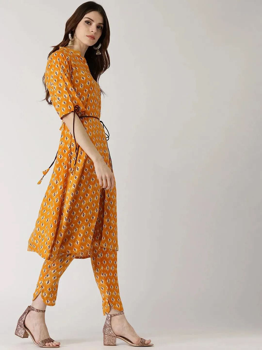 Yellow Printed Rayon Kurta Set - Libas