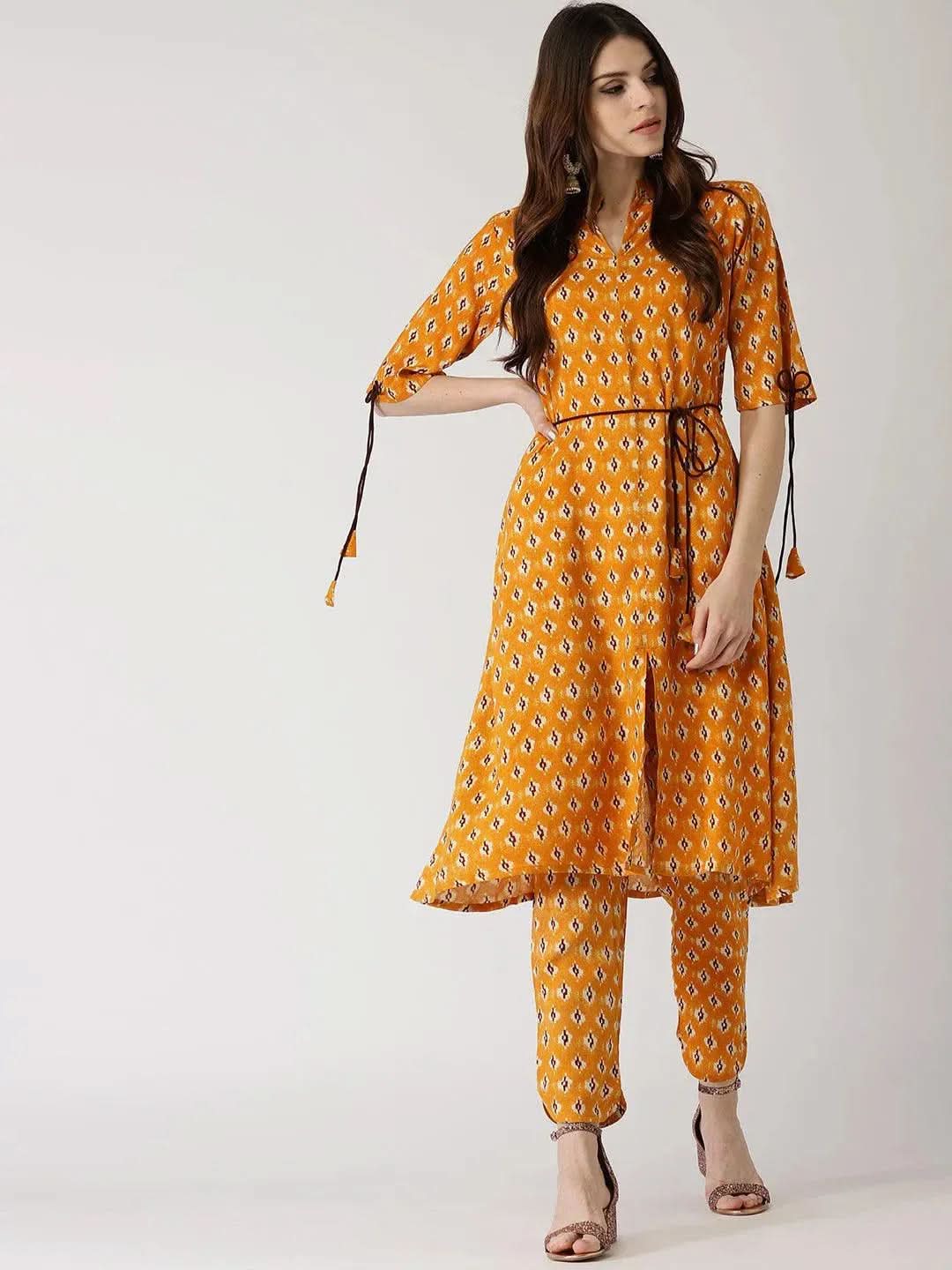 Yellow Printed Rayon Kurta Set - Libas