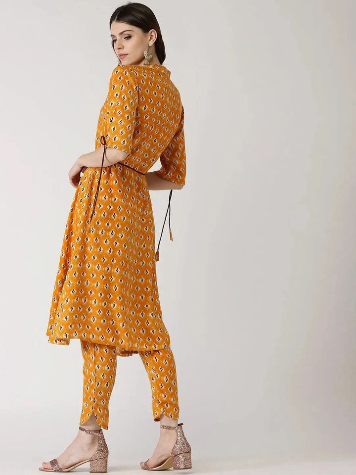 Yellow Printed Rayon Kurta Set - Libas