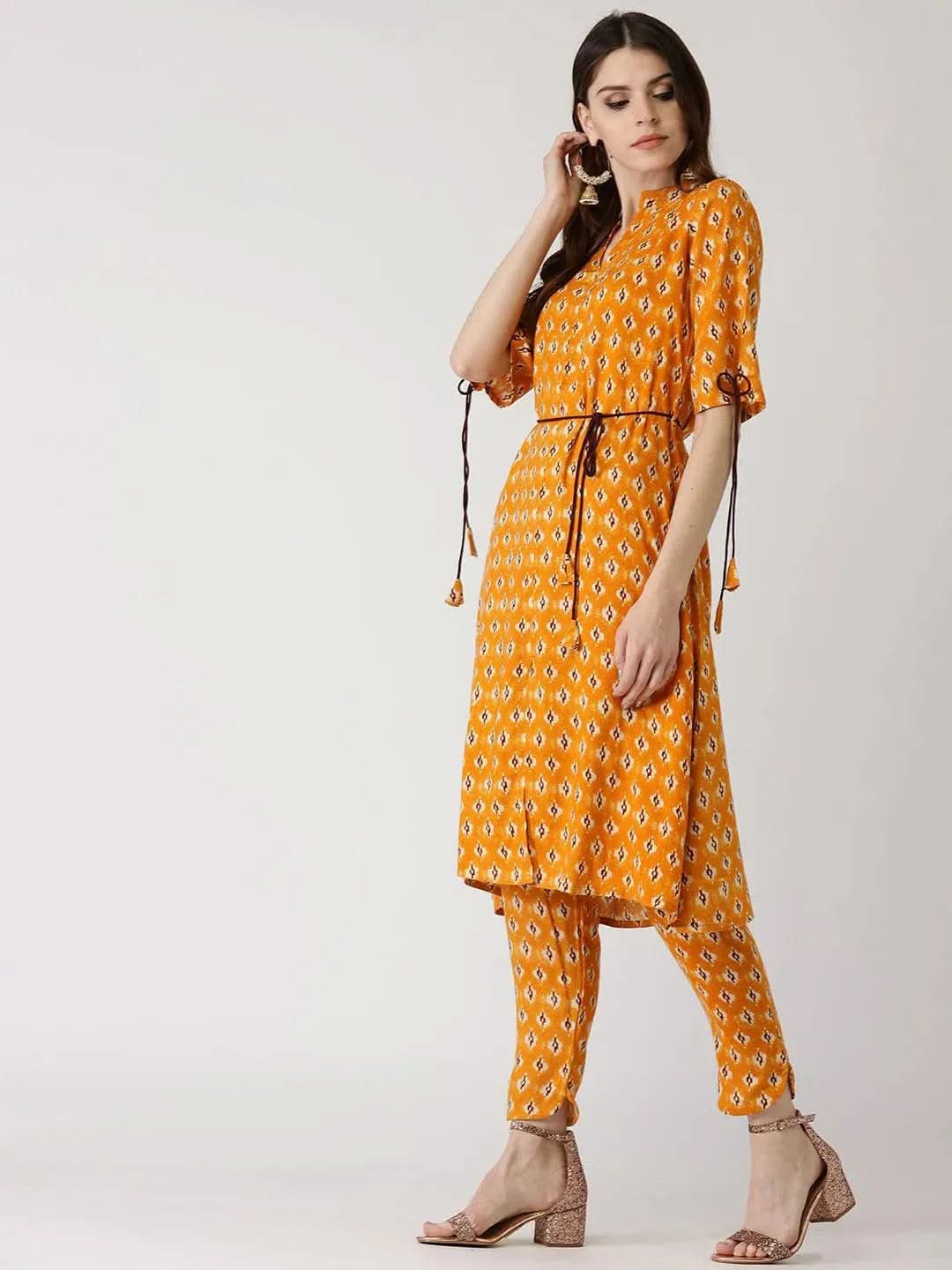 Yellow Printed Rayon Kurta Set - Libas