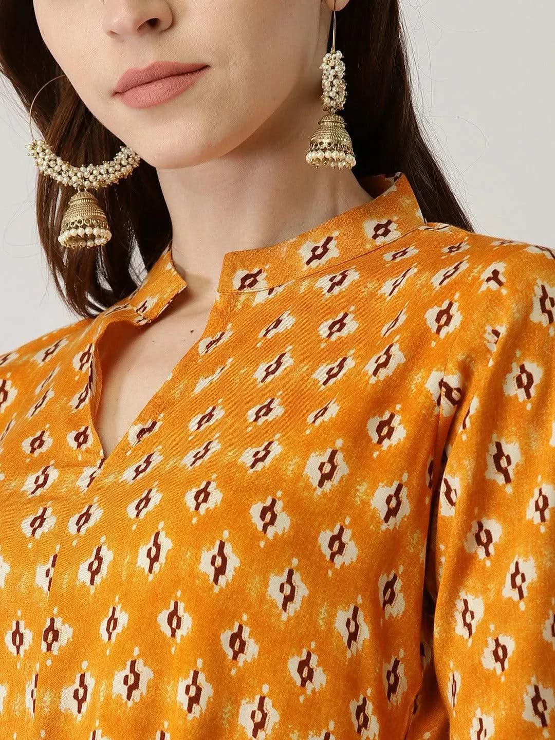Yellow Printed Rayon Kurta Set - Libas