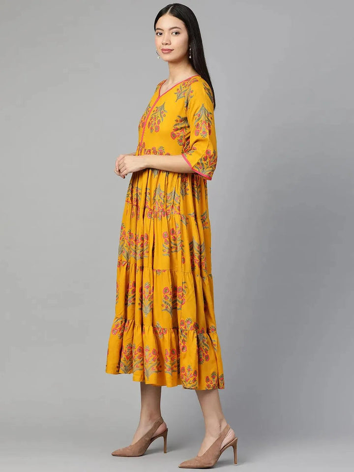 Yellow Printed Rayon Dress - Libas