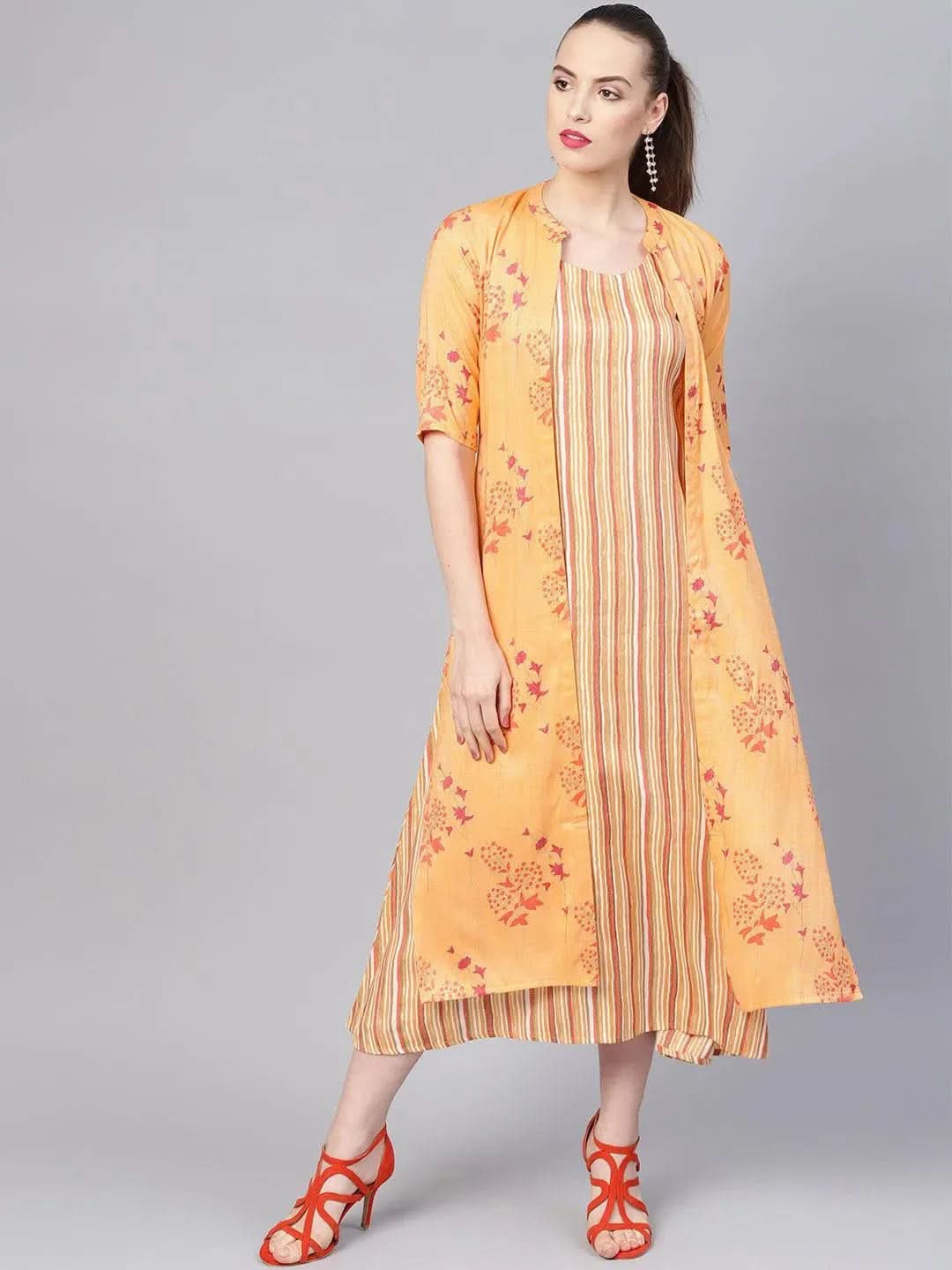 Yellow Printed Rayon Dress With Jacket - Libas