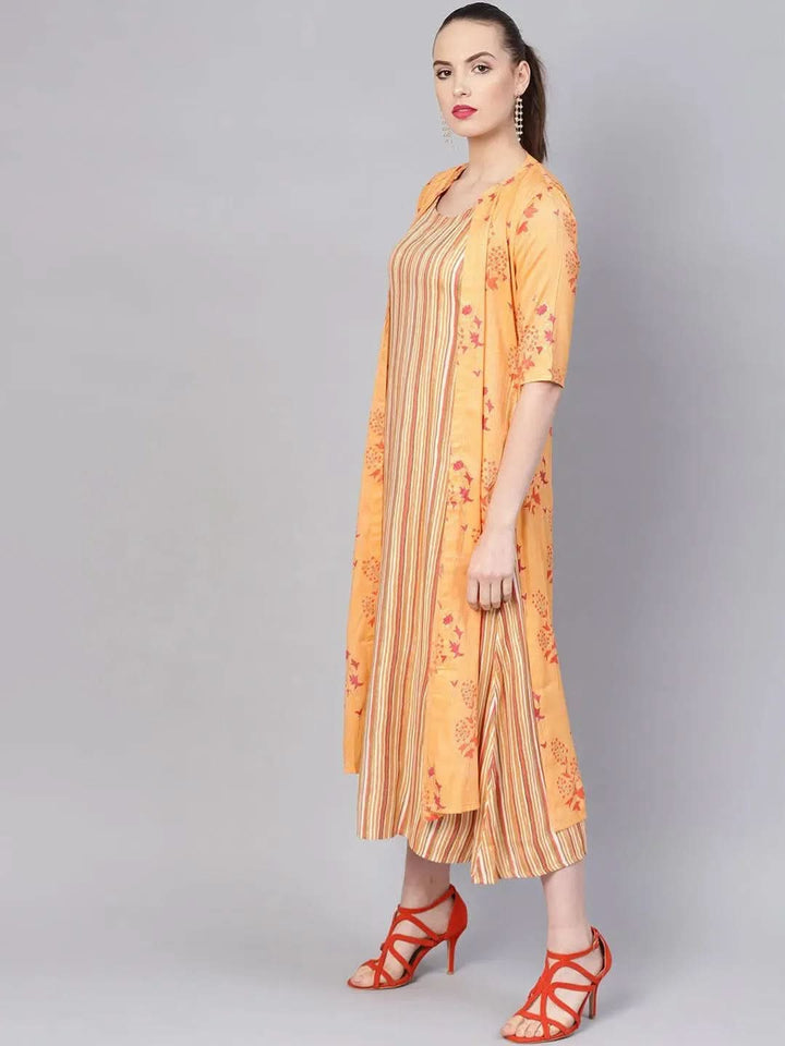 Yellow Printed Rayon Dress With Jacket - Libas