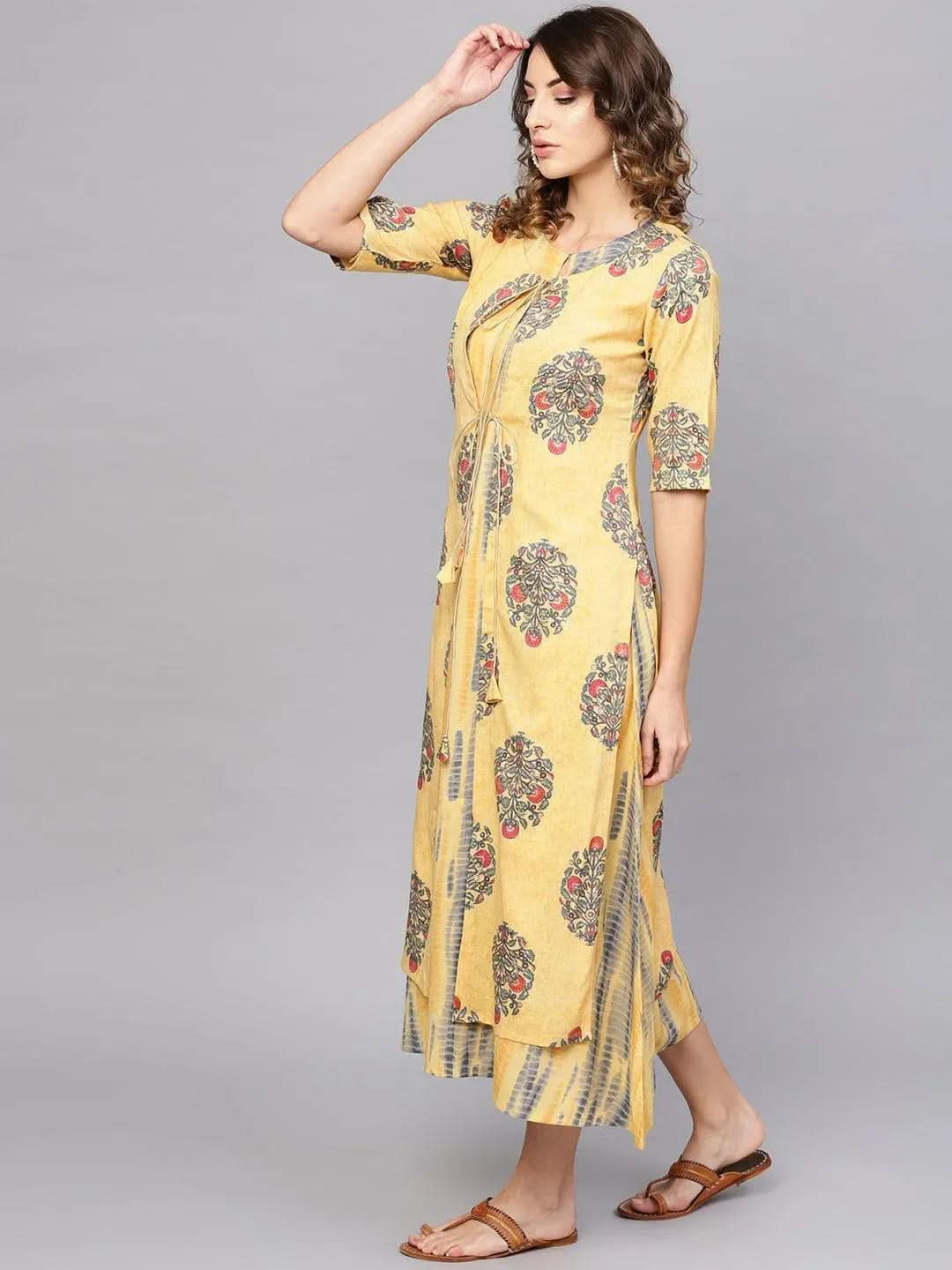 Yellow Printed Rayon Dress With Jacket - Libas