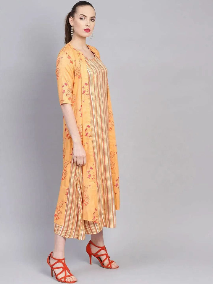 Yellow Printed Rayon Dress With Jacket - Libas