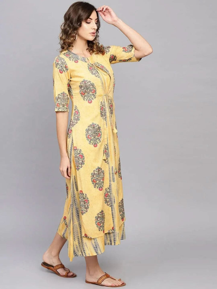 Yellow Printed Rayon Dress With Jacket - Libas