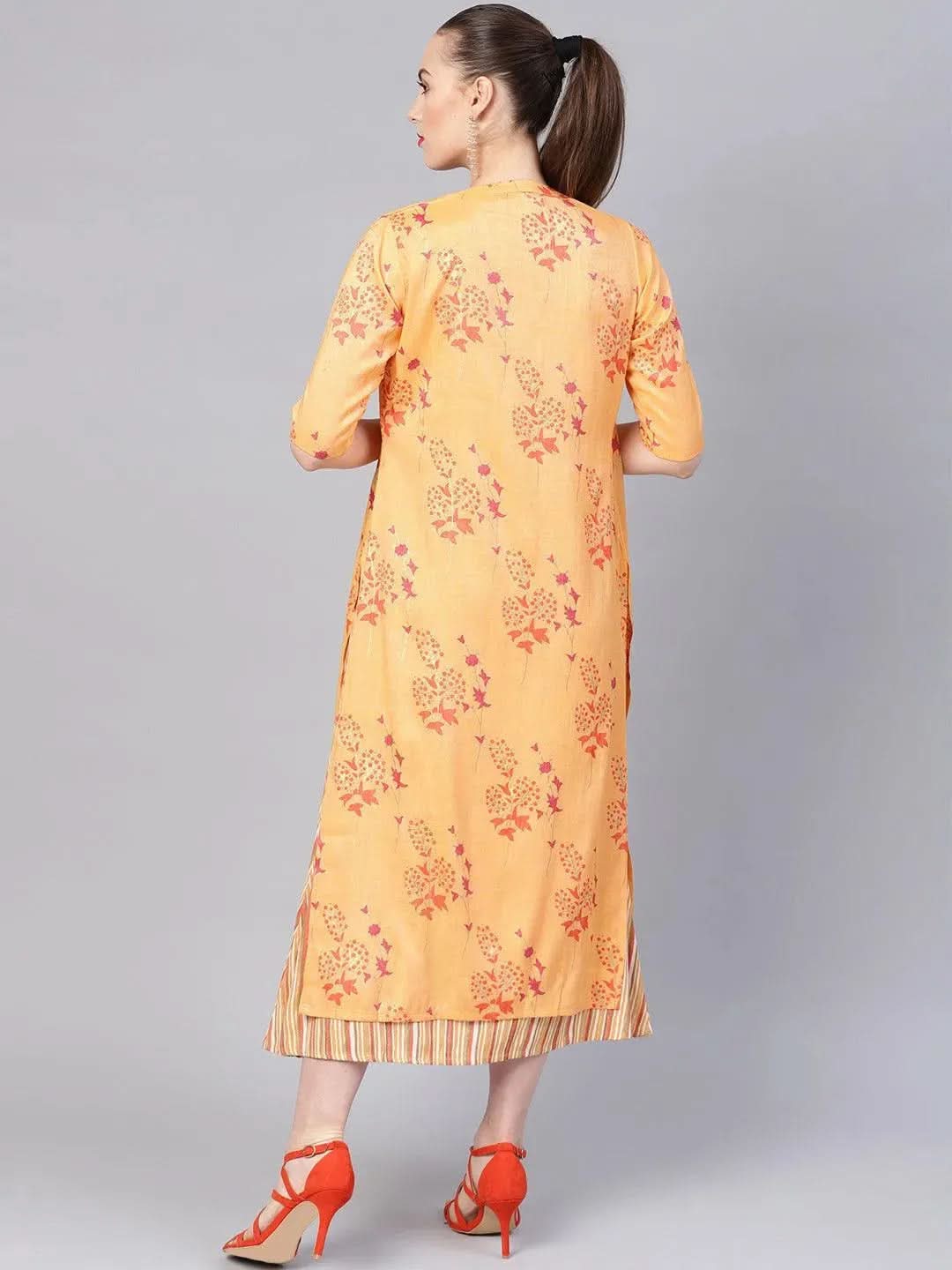 Yellow Printed Rayon Dress With Jacket - Libas