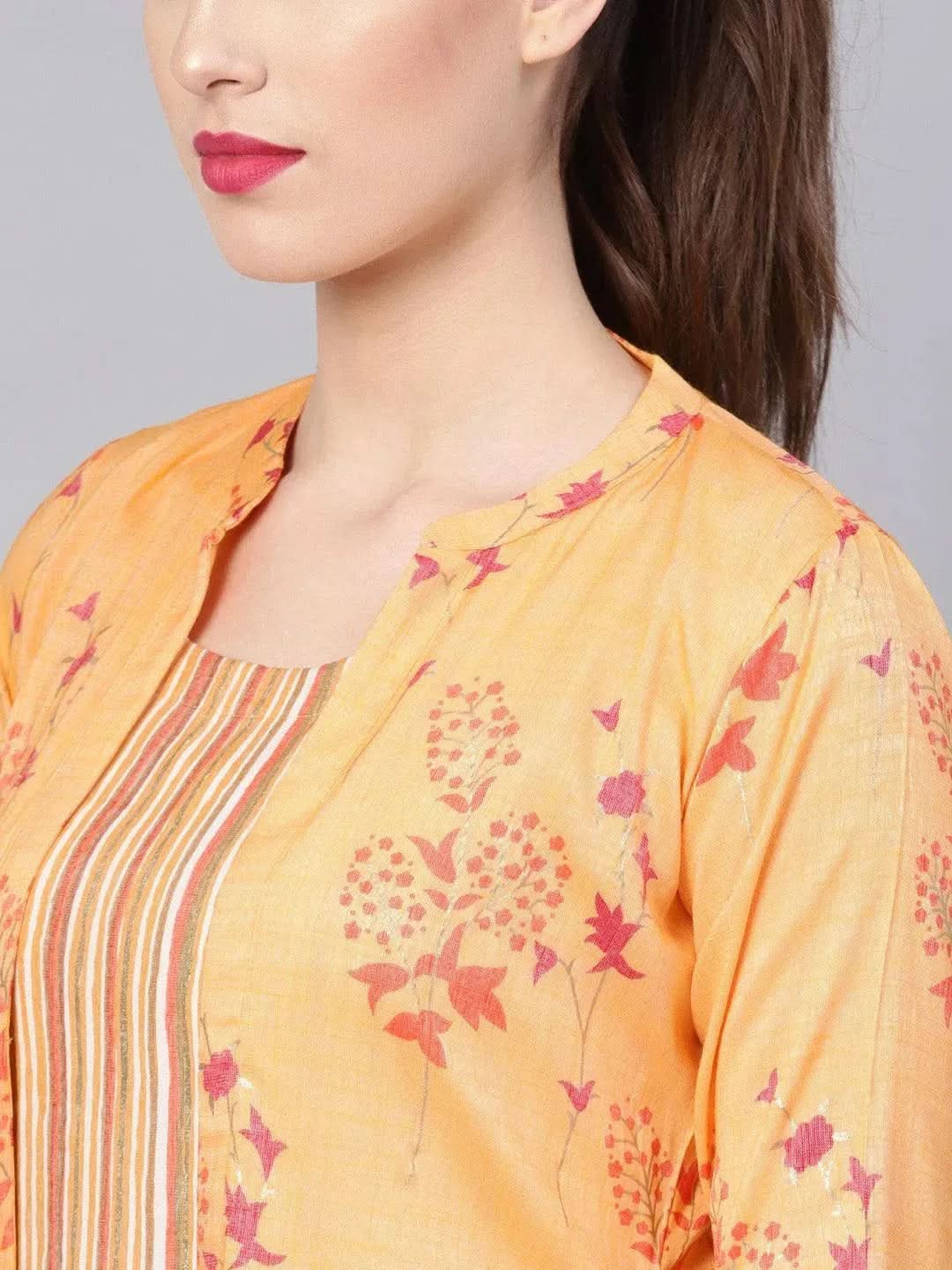 Yellow Printed Rayon Dress With Jacket - Libas