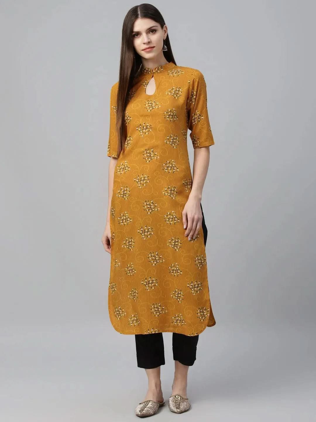Yellow Printed Rayon Kurta - Libas
