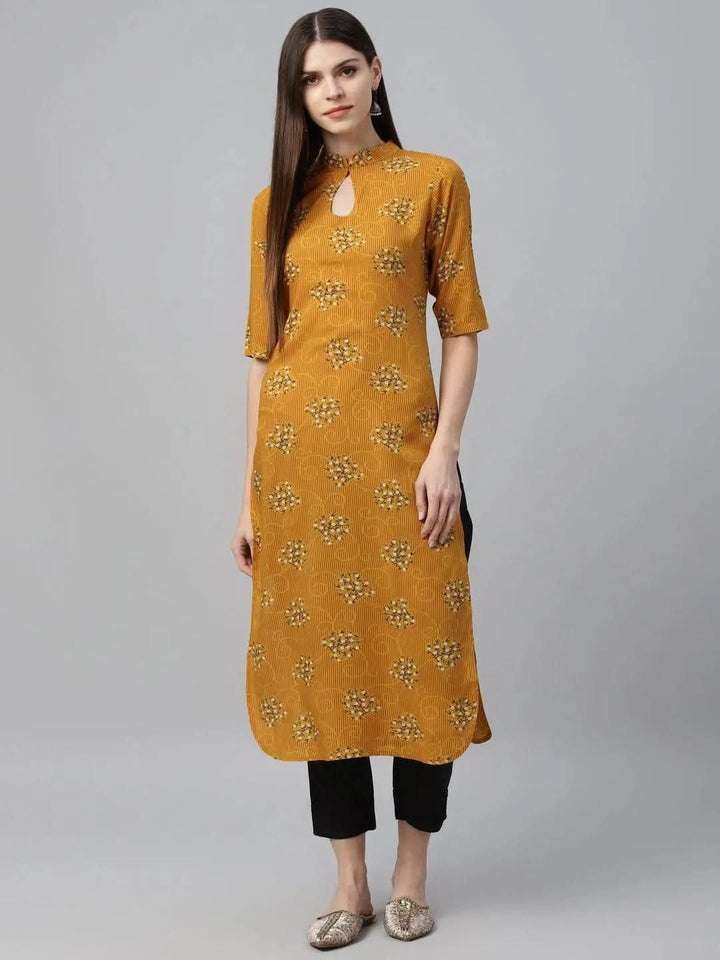 Yellow Printed Rayon Kurta - Libas