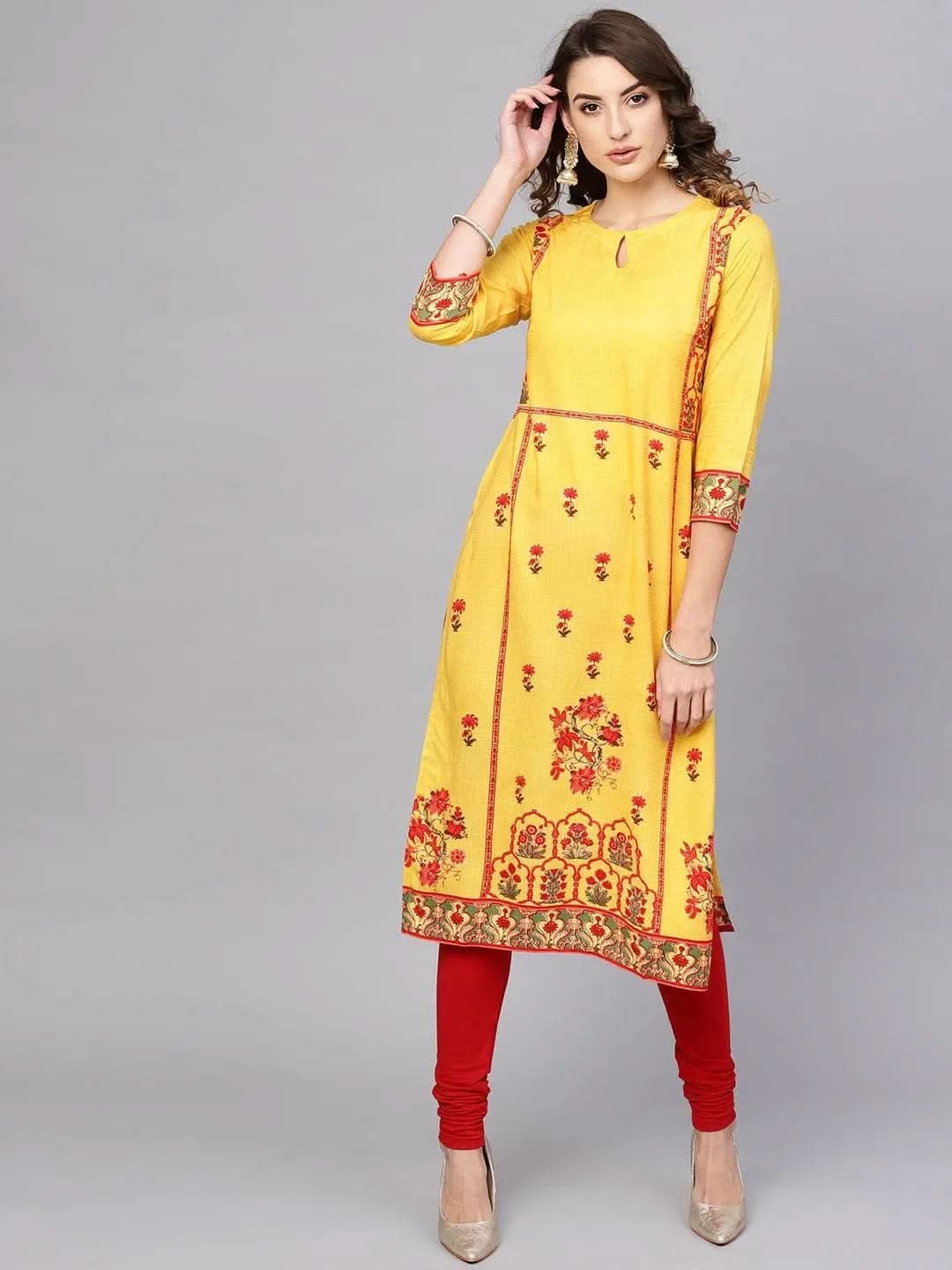 Yellow Printed Rayon Kurta - Libas