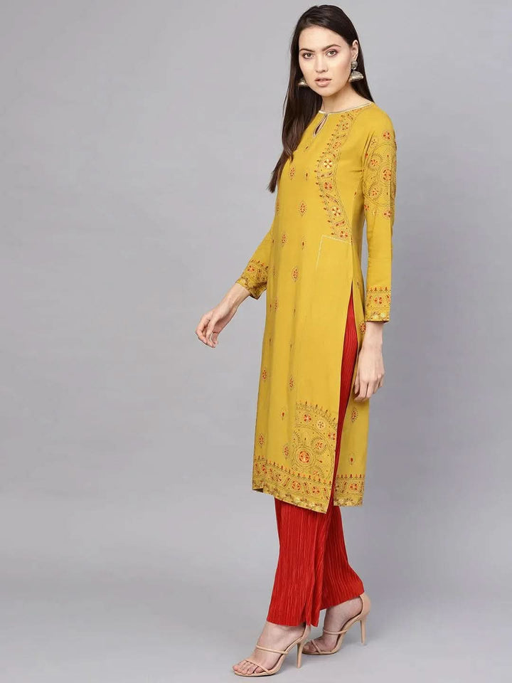 Yellow Printed Rayon Kurta - Libas