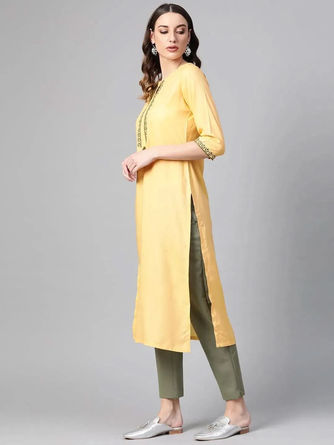 Yellow Printed Rayon Kurta - Libas