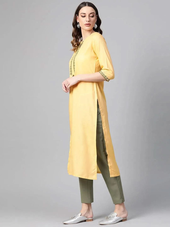 Yellow Printed Rayon Kurta - Libas