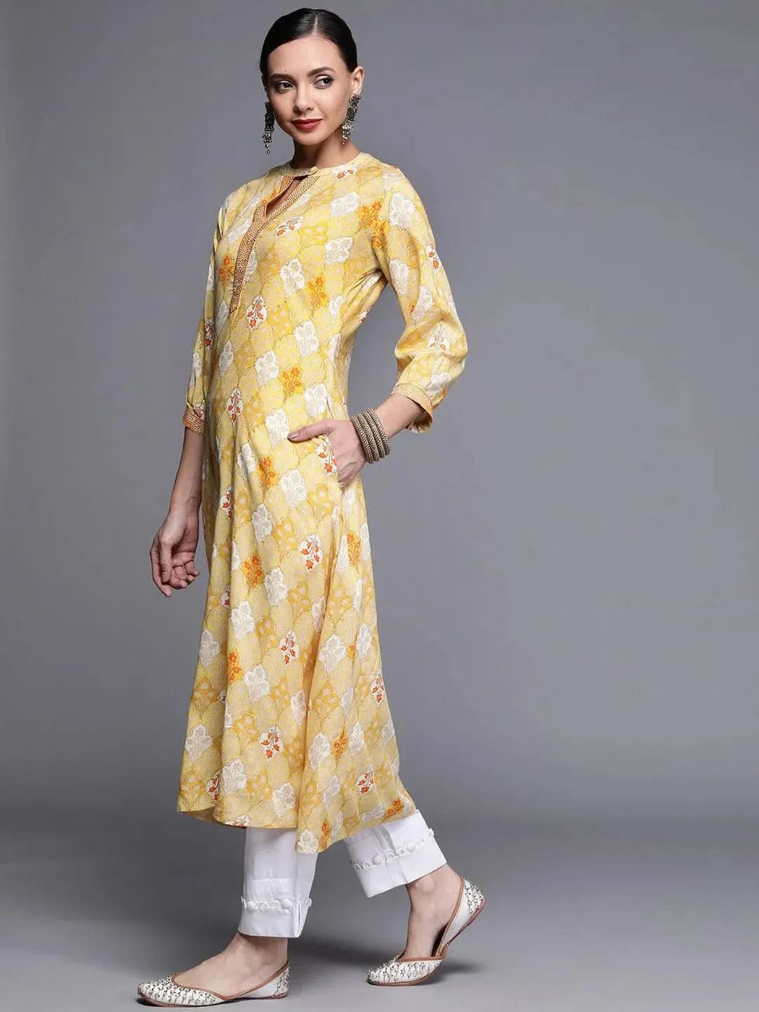 Yellow Printed Rayon Kurta - Libas