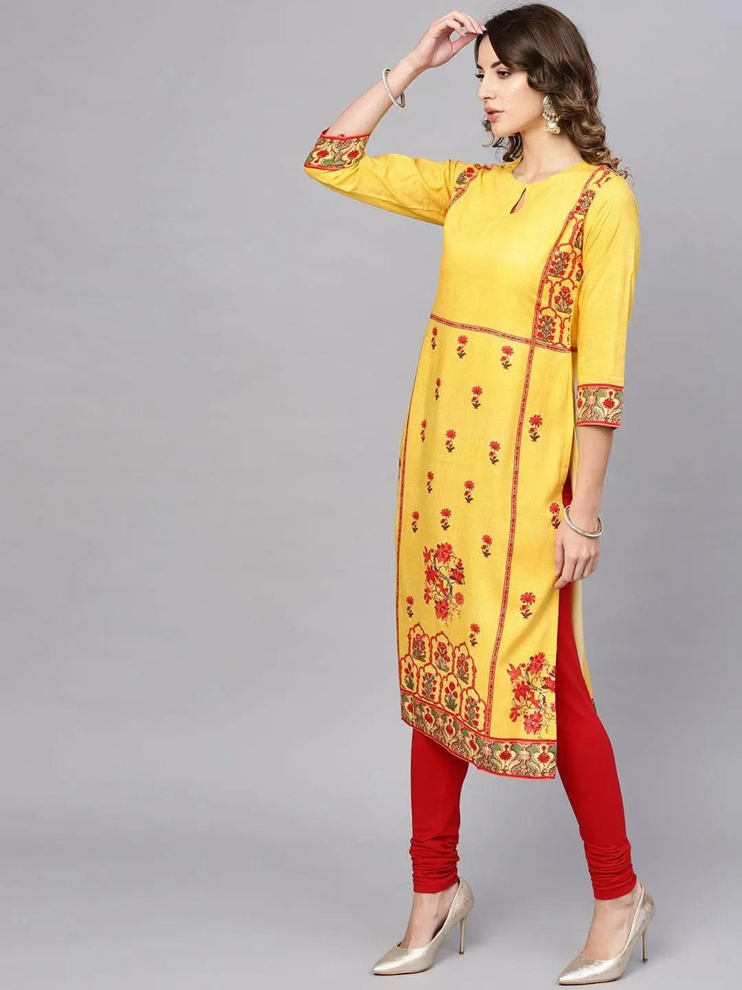Yellow Printed Rayon Kurta - Libas
