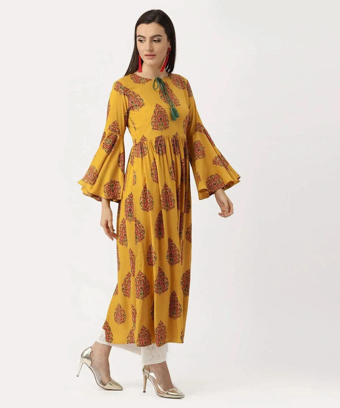 Yellow Printed Rayon Kurta - Libas