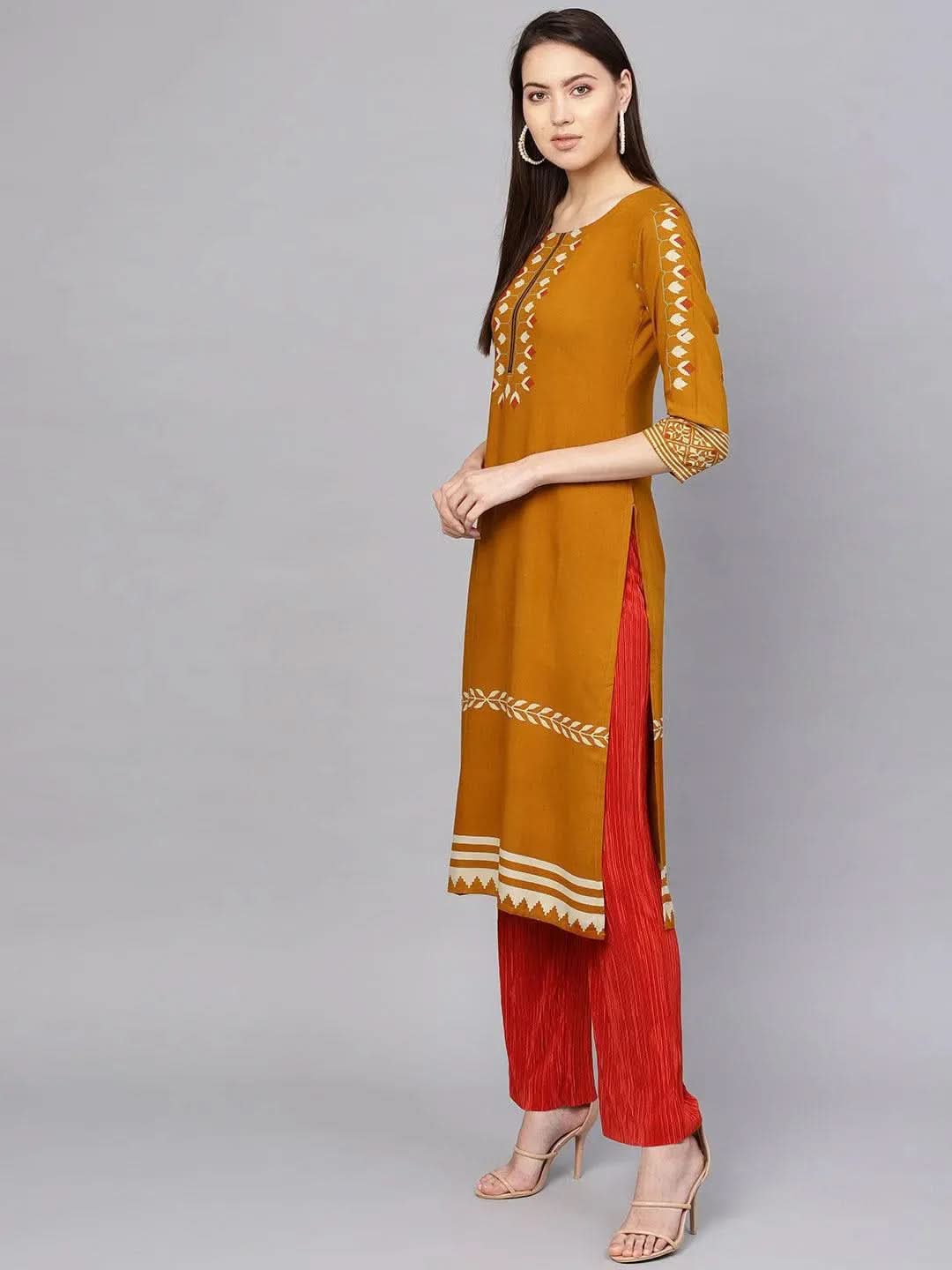 Yellow Printed Rayon Kurta - Libas