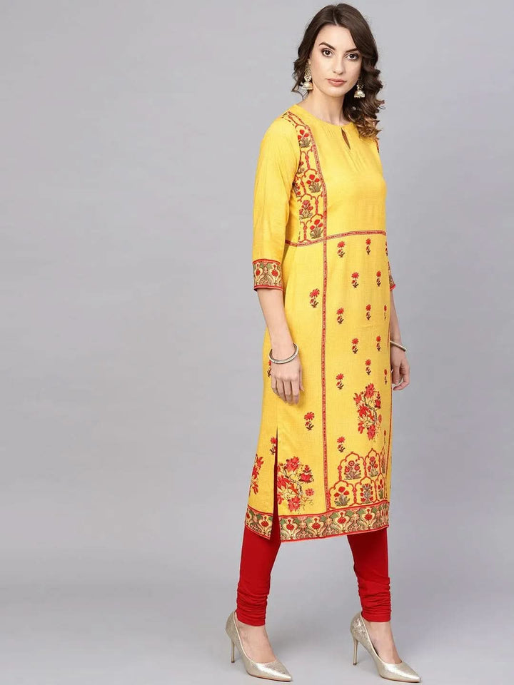 Yellow Printed Rayon Kurta - Libas