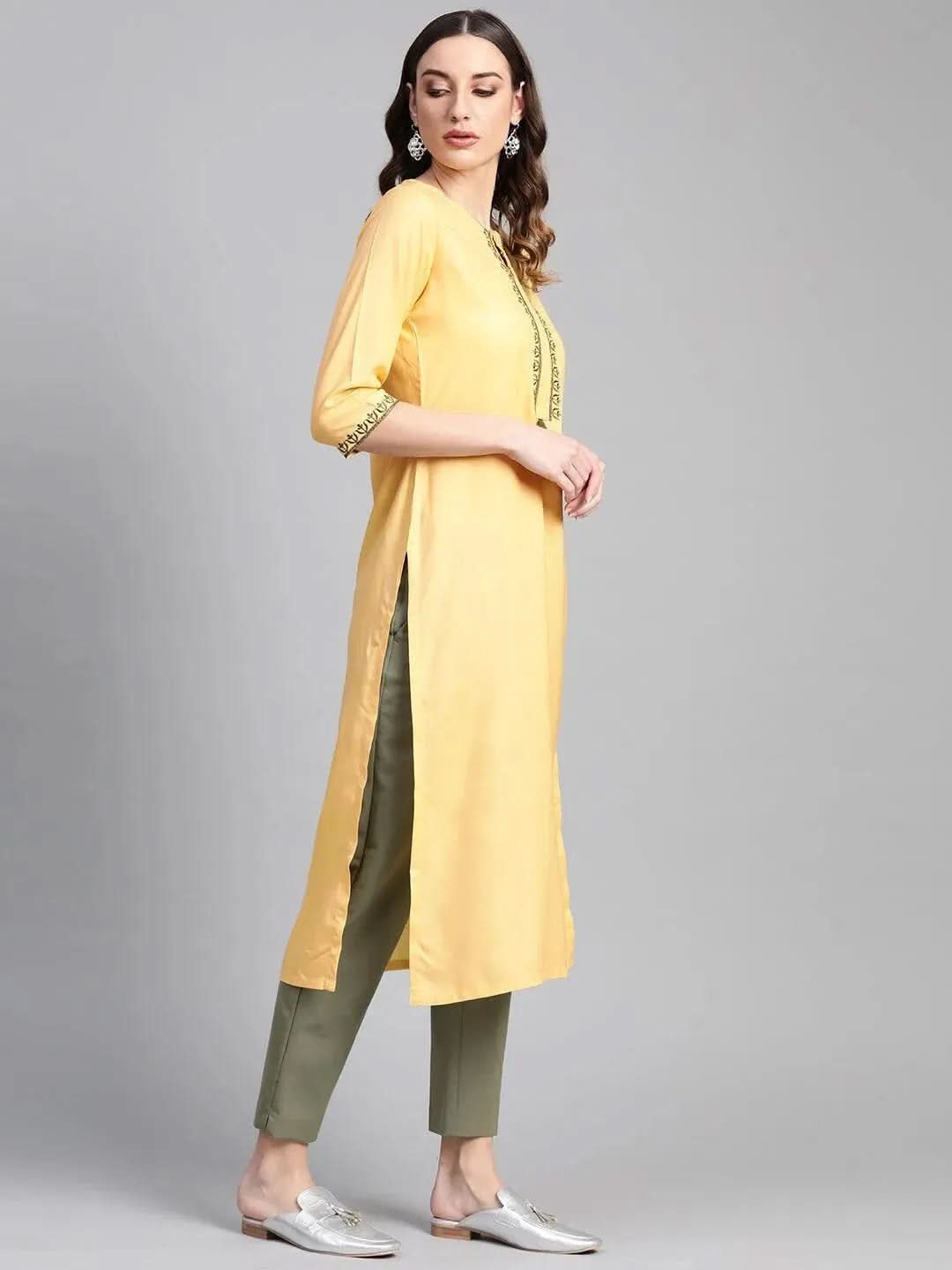 Yellow Printed Rayon Kurta - Libas