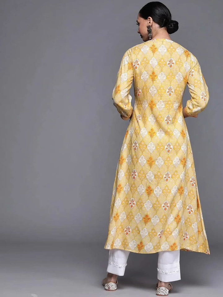Yellow Printed Rayon Kurta - Libas