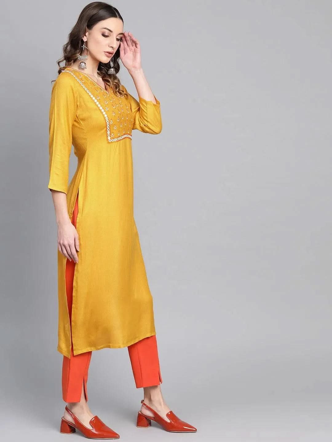 Yellow Printed Rayon Kurta - Libas