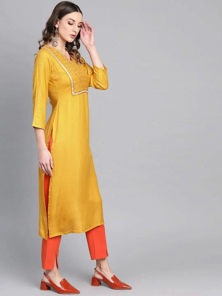 Yellow Printed Rayon Kurta - Libas