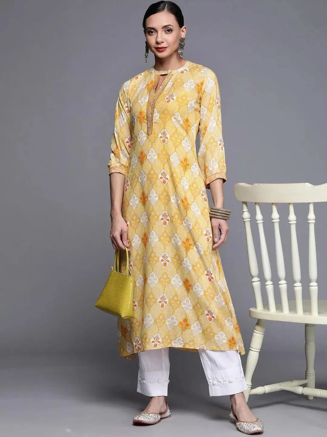 Yellow Printed Rayon Kurta - Libas