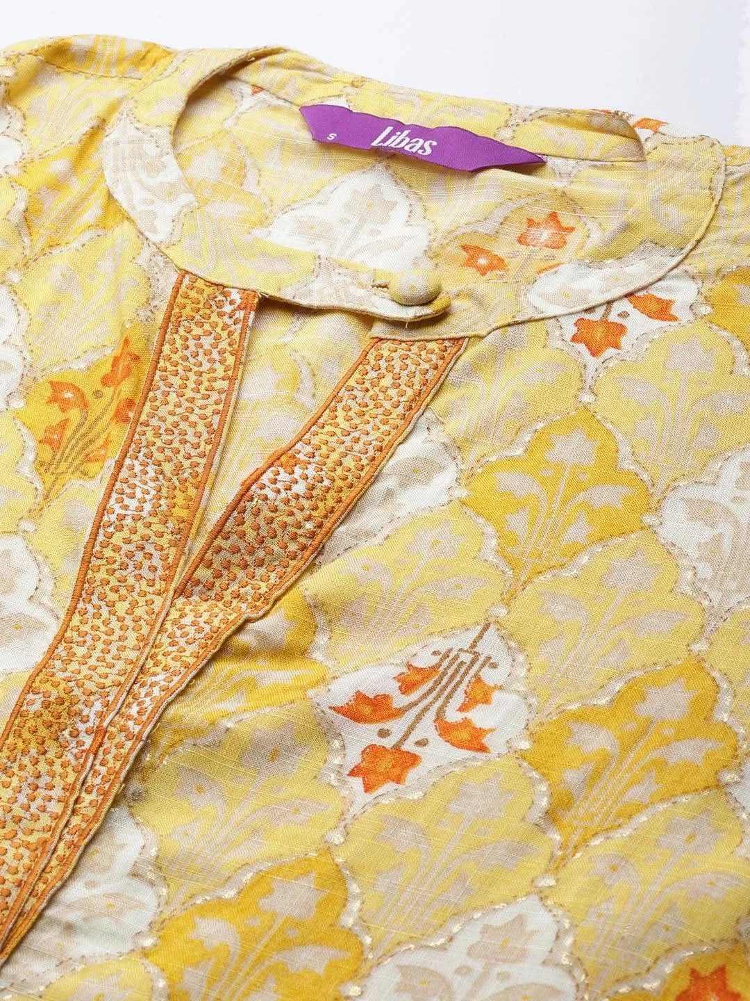 Yellow Printed Rayon Kurta - Libas