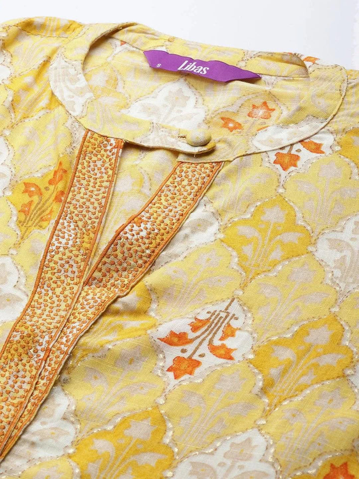 Yellow Printed Rayon Kurta - Libas