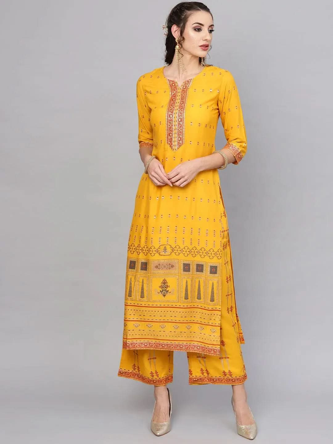 Yellow Printed Rayon Kurta Set - Libas