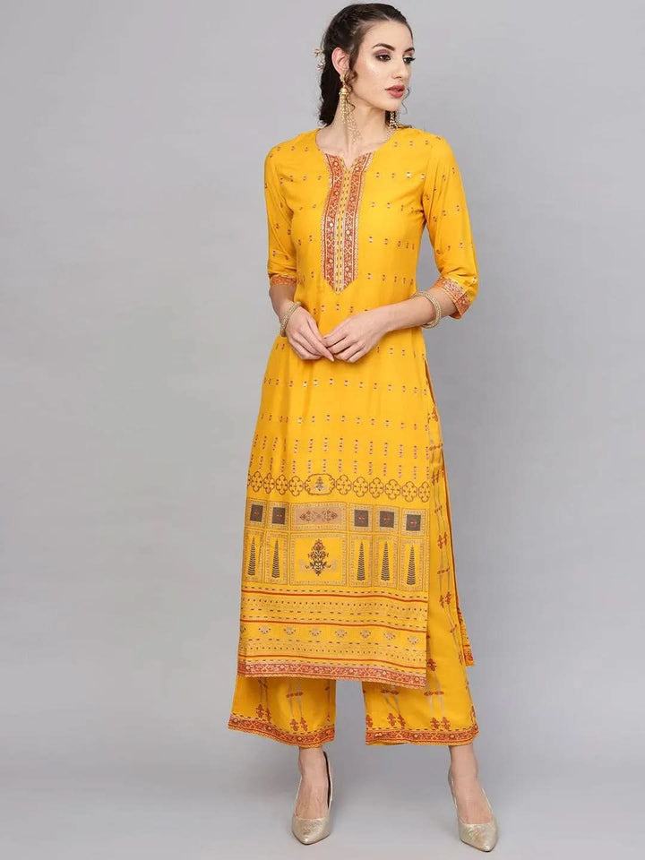 Yellow Printed Rayon Kurta Set - Libas