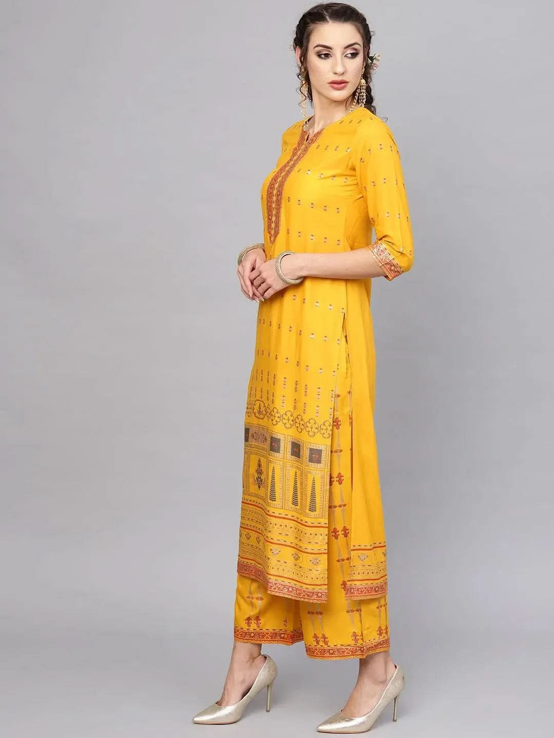 Yellow Printed Rayon Kurta Set - Libas